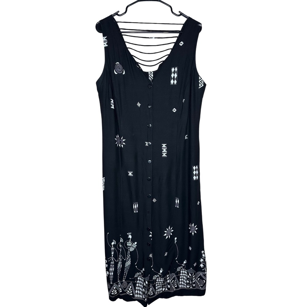 R&K Originals Woman Black White Tribal Print Button Front Midi Dress 16W VTG